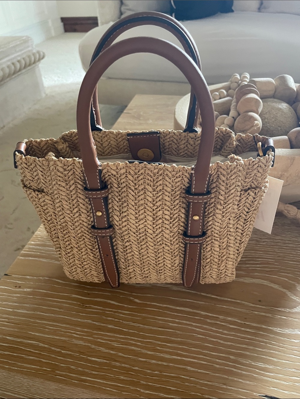 Zara Crossbody Woven Straw Tote Bag with Brown Faux Leather Handles NWT - Picture 5 of 7